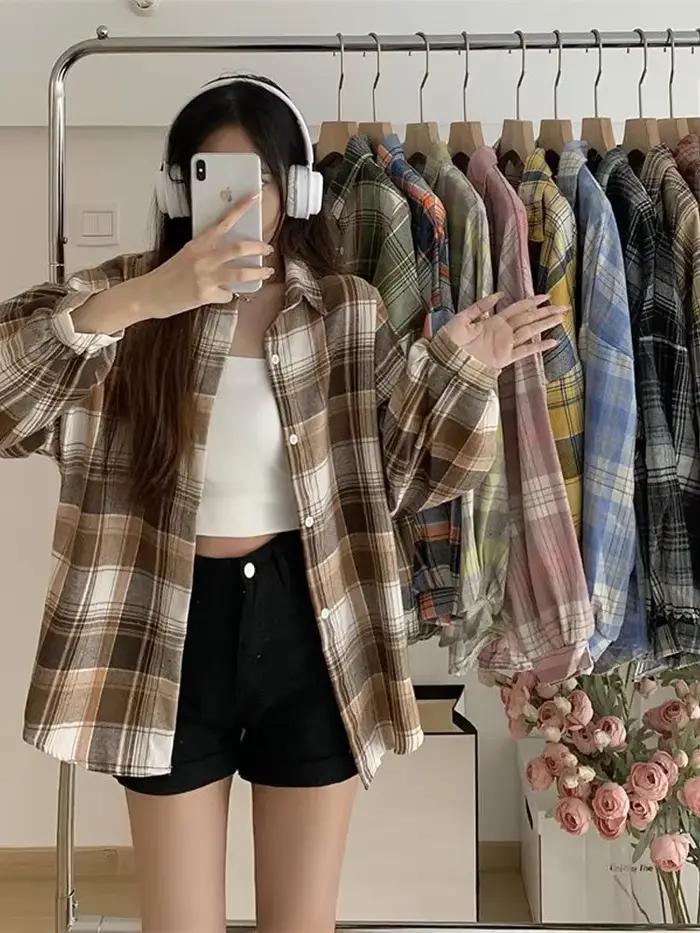 Chemise à carreaux pour femmes, haut à manches longues, Vintage, mode, simple boutonnage, Style Prep