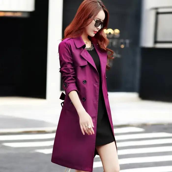 Manteau coupe-vent mi-long violet pour femme avec ceinture, taille fine coréenne, vêtements d'extéri