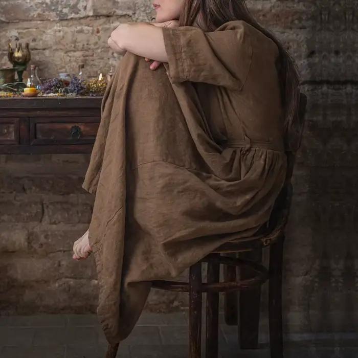 Robe longue rétro en coton et lin pour femme, col en V, manches courtes, boutons, couleur unie, stre