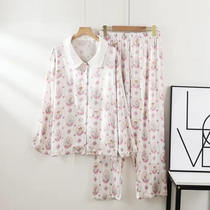 Pyjama en Satin pour femmes, pantalon à manches longues, mignon, frais, haut de gamme, col rabattu,