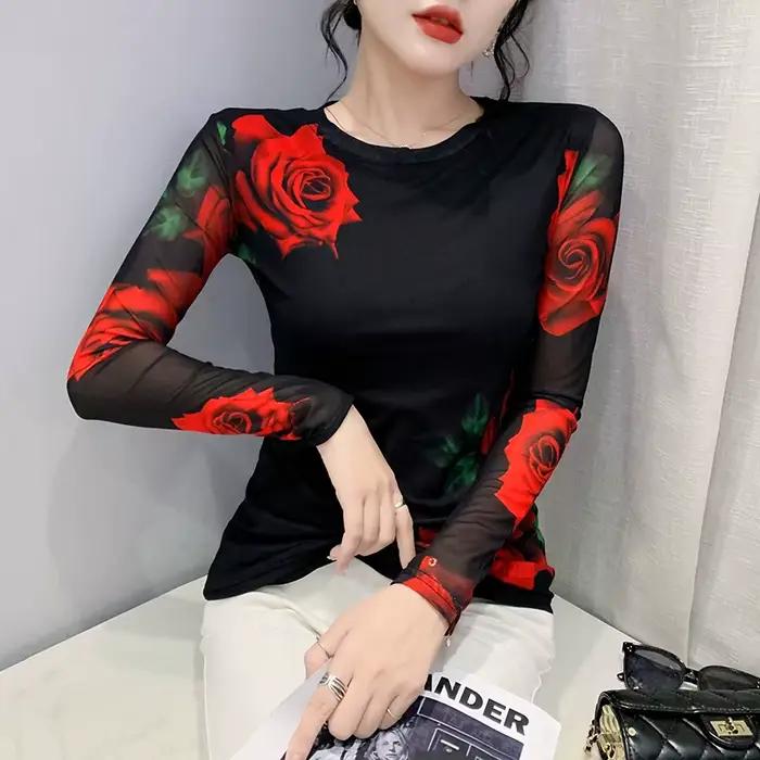 Taille S-3XL filles impression fixe maille T-Shirts T-Shirts femme manches longues col rond extensib