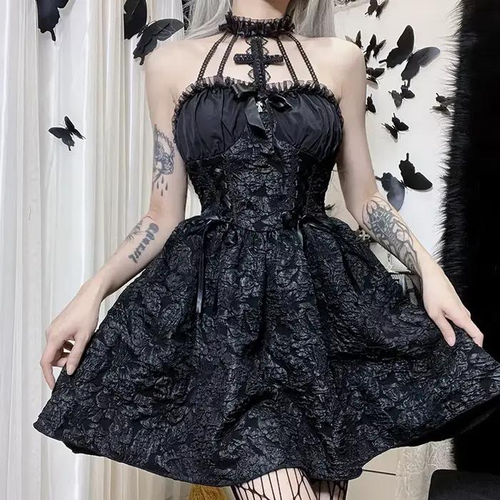 Mini robe gothique noire vintage pour femmes, robes taille haute, bretelles spaghetti sexy, punk gru
