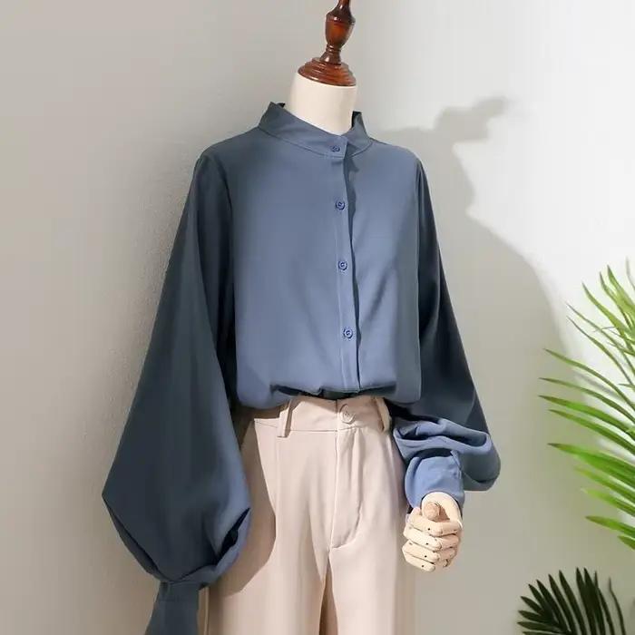 Chemise à manches longues lanterne pour femme, chemisiers de style printemps et automne, col montant