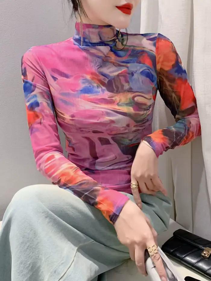 T-shirt en maille à col roulé à manches longues pour femmes, haut slim femme, taille S-4XL