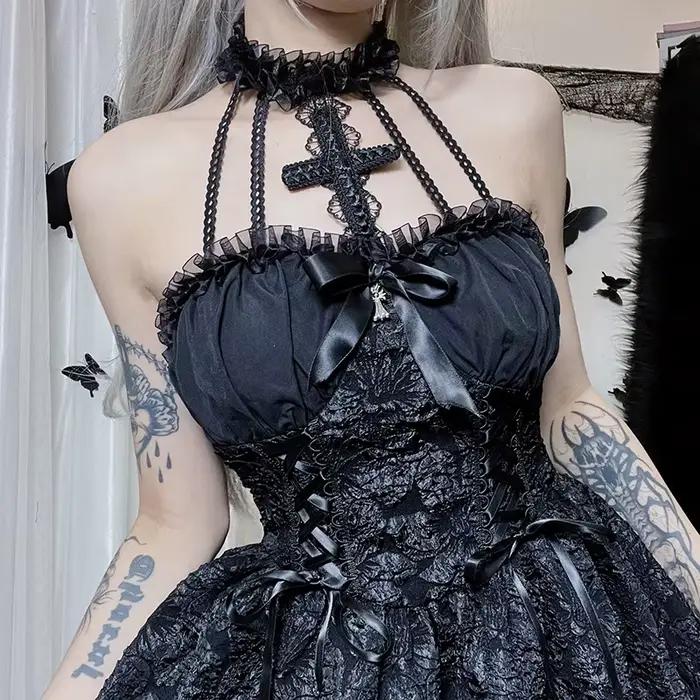 Mini robe gothique noire vintage pour femmes, robes taille haute, bretelles spaghetti sexy, punk gru