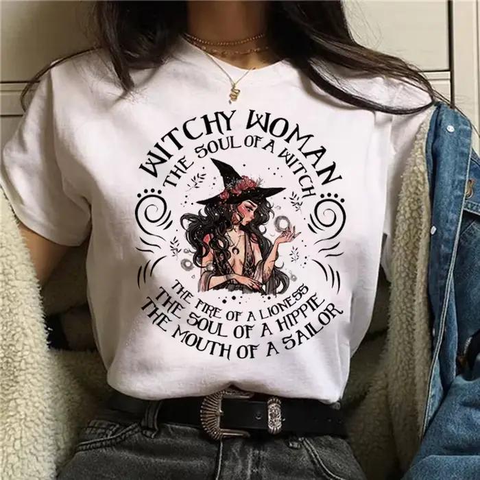 T-shirt à manches courtes pour femme, haut graphique, costume de rue, dessin animé, sorcière, magiqu