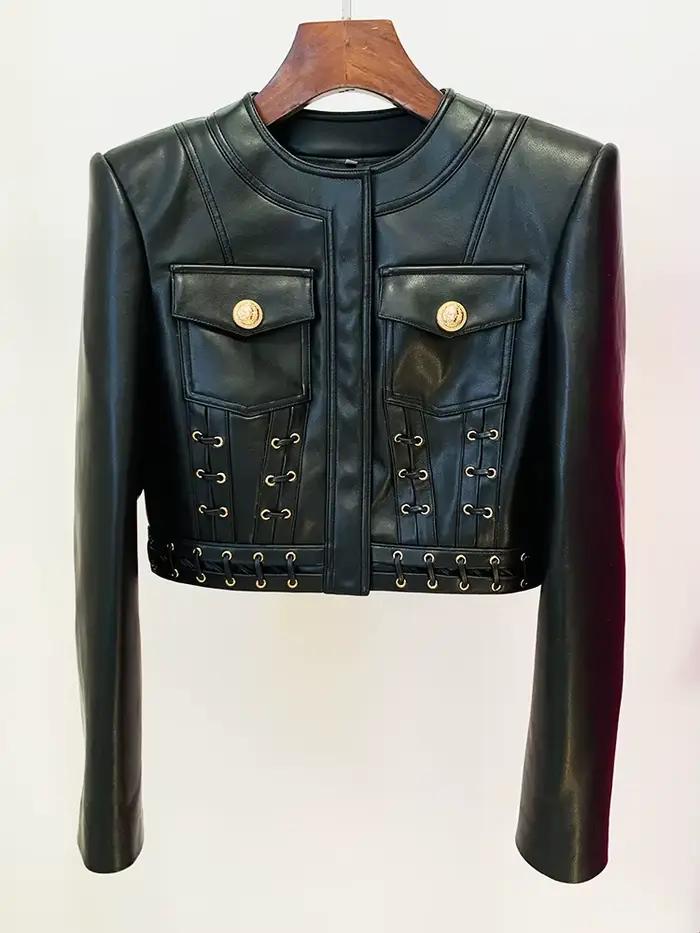 HIGH STREET Nouvelle Collection 2026 Blazer de Créateur pour Femme en Similicuir à Col Rond et Détai