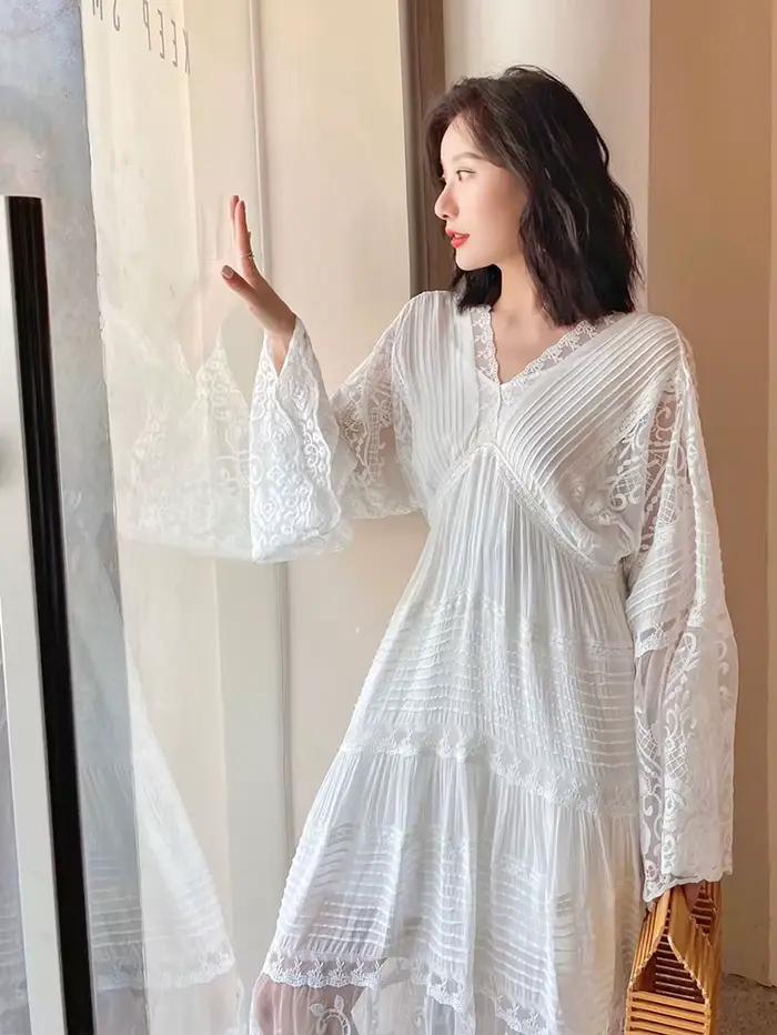 Pouvez-vous psyLady-Robe maxi blanche en dentelle florale pour femmes, élégante, coton nickel é, col