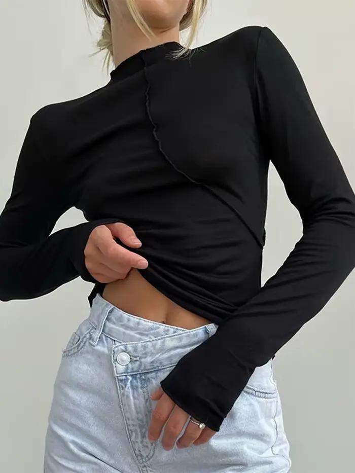 2025 col roulé Y2K à manches longues t-shirts femmes blanc automne hiver décontracté noir basique gr