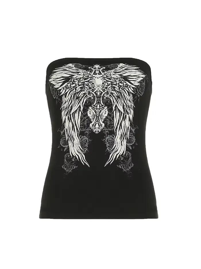 Haut tubulaire noir imprimé gothique pour femmes, sans bretelles, slim, court, décontracté, Chic, t-