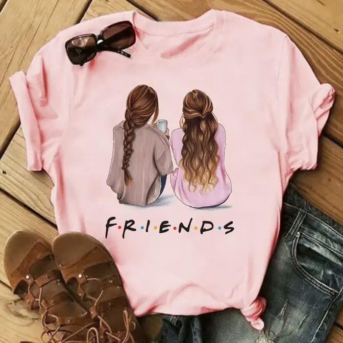 T-shirt à col rond imprimé dessin animé Good Friends pour femme, haut graphique, manches courtes, dé