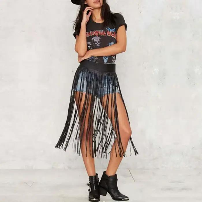 Jupe à franges en Faux pour femmes, taille haute, harnais avec boutons à pression, fête d'halloween,
