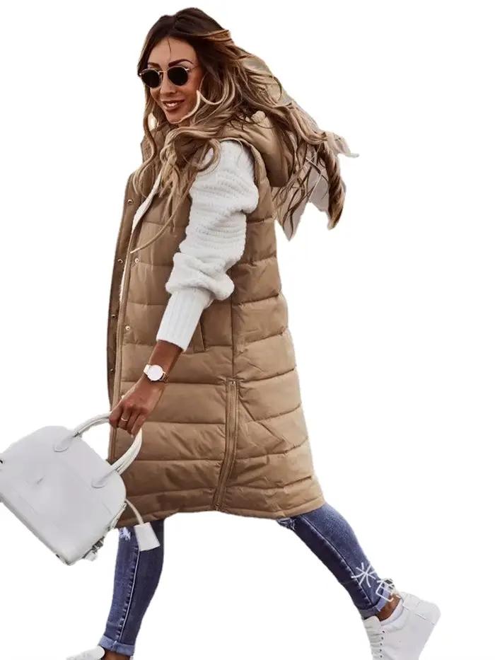 Femmes manteau Long gilet avec capuche automne hiver sans manches chaud coton vers le bas manteau gi