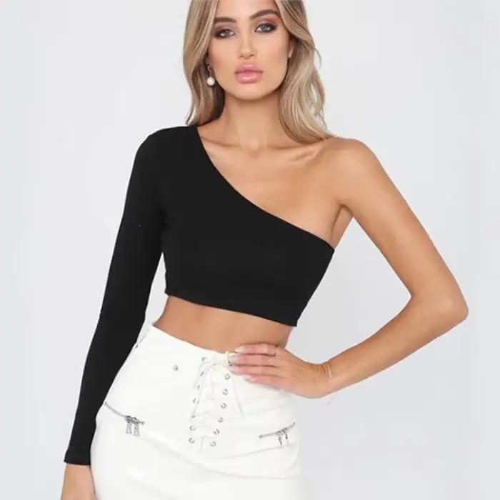 CDJLFH Sexy une épaule haut court t-shirt femmes col diagonale à manches longues t-shirt décontracté