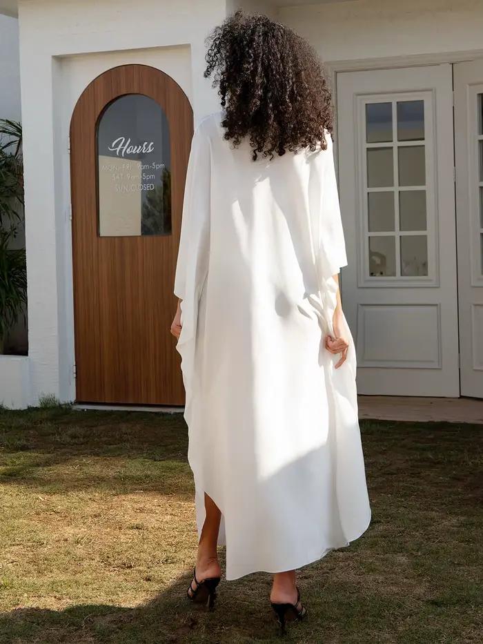 2025 solide col en v manches chauve-souris grande taille robe Maxi ample pour les femmes été plage p