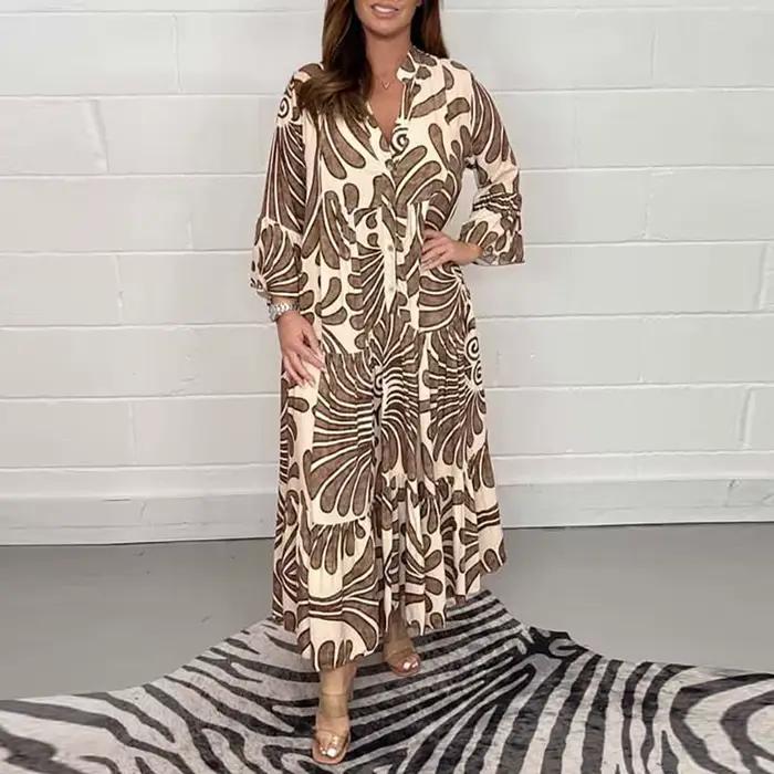 Robe de soirée imprimée à manches 3/4 et col en V pour femmes, robes de vacances de plage décontract