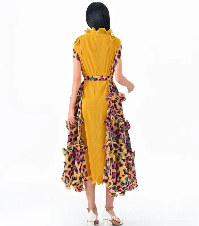 Ata Yake-Robe longue plissée à imprimé léopard pour femme, motif tendance, ceinture en fibre, décont