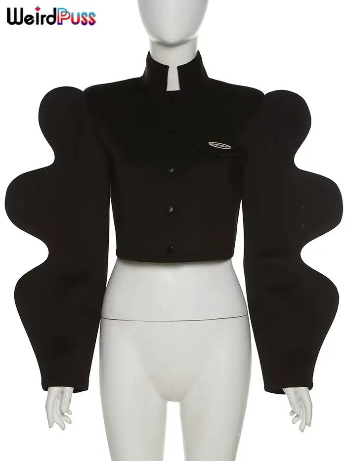 Weird Puss-Veste à Manches Spéciales pour Femme, Manteau Court Décontracté, à Simple Boutonnage, Cou