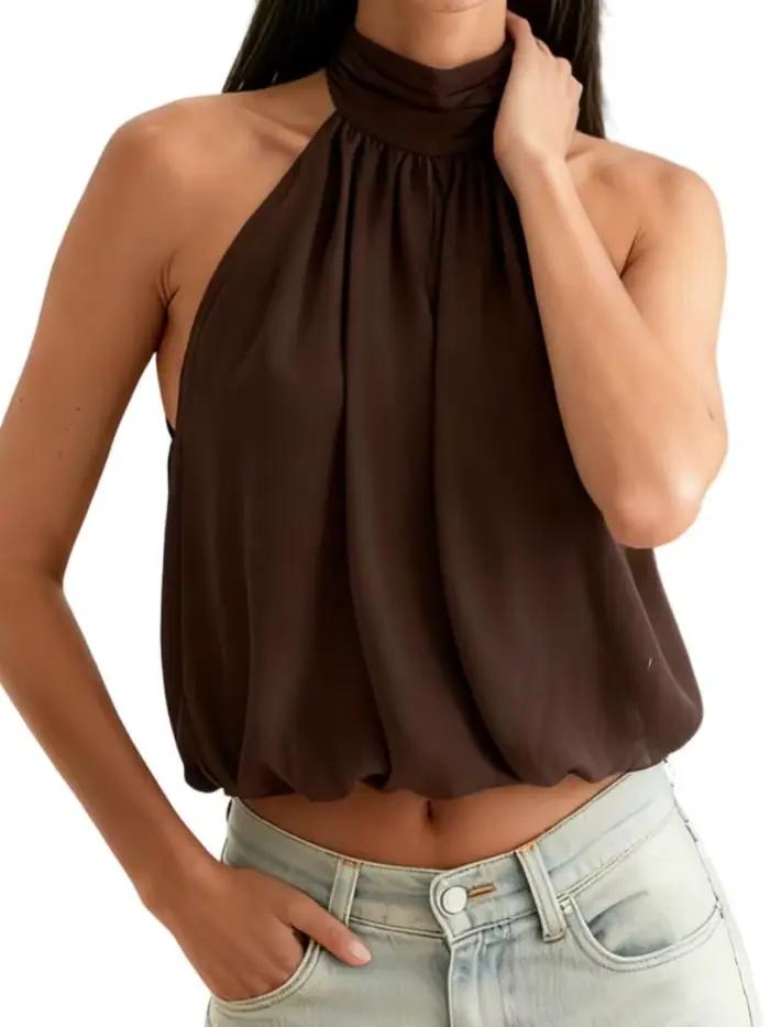 Haut élégant pour femmes, col licou, dos nu, couleur unie, haut sexy à épaules dénudées, haut pour s