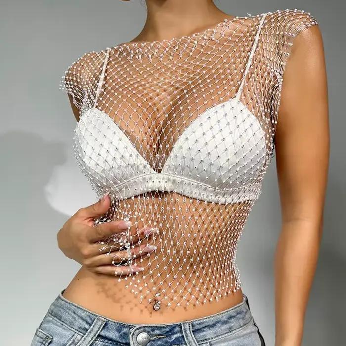 Haut court en résille pour femmes, Sexy, strass brillants, débardeur Y2K, transparent, Cover-Up pour