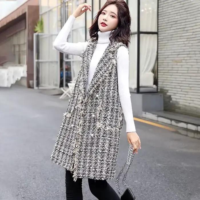 Veste Longue en Laine pour Femme, Cardigan à Carreaux, Nouvelle Collection Printemps Automne 2023