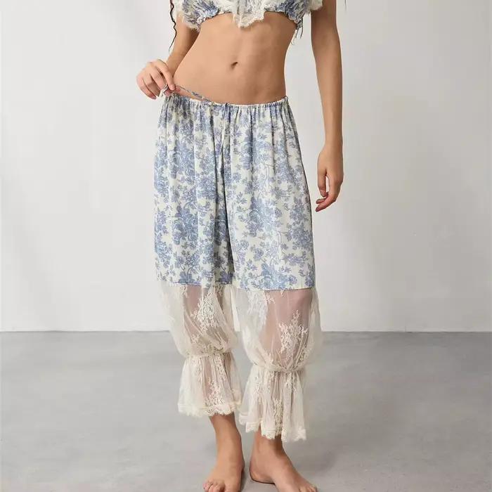 Pantalon Long bouffant pour femmes, garniture en dentelle, Capri Lounge Pjs, jupon Y2K, bas de pyjam