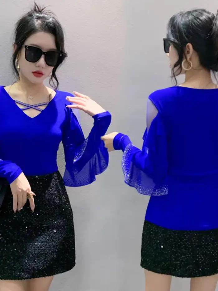 2024 printemps été T-shirts femmes col en v volants à manches longues solide maille élastique hauts