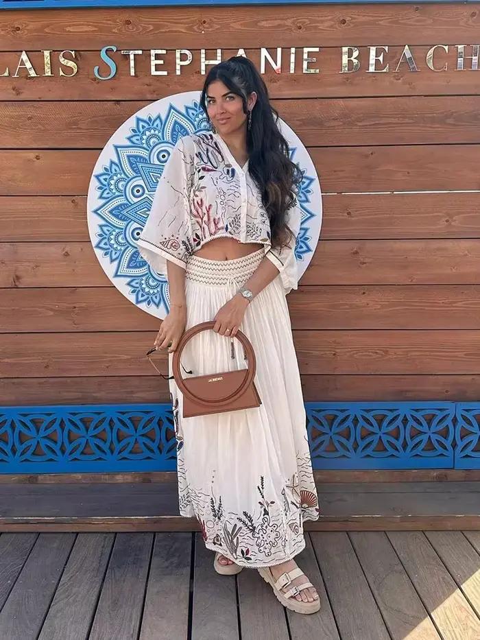 Jupe Maxi Brodée à Manches Chauve-Souris en Coton Blanc, Organisme Marin, Ensemble de Robe à Glands,