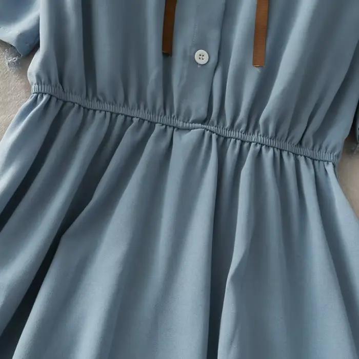 Robe en mousseline de soie avec nœud pour femme, monochromatique, taille haute, col rabattu, style p