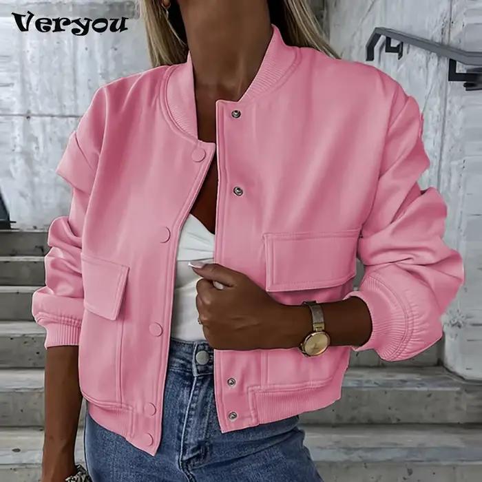 Veste Courte à Poches et Col Rond pour Femme, Manteau à Manches sulf, Décontracté, à Simple Boutonna