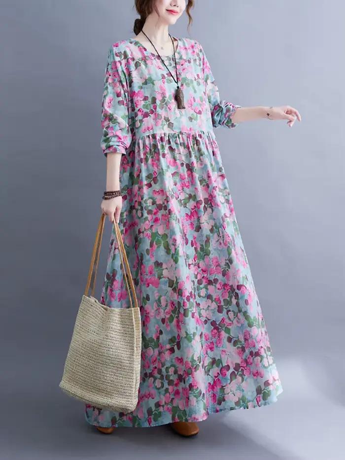 Robe Longue Femme en Coton Imprimé Floral Vintage à Manches Longues Printemps Automne 2026 – Décontr