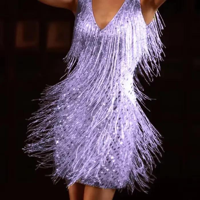 Mini robe à col en V profond pour femme, glands à dos ouvert, paillettes blanches, boîte de nuit, ve