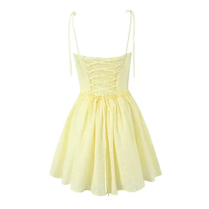 YENKYE-Mini robe à bretelles jaunes brodées évidées pour femmes, robes de soirée bandage à lacets ta