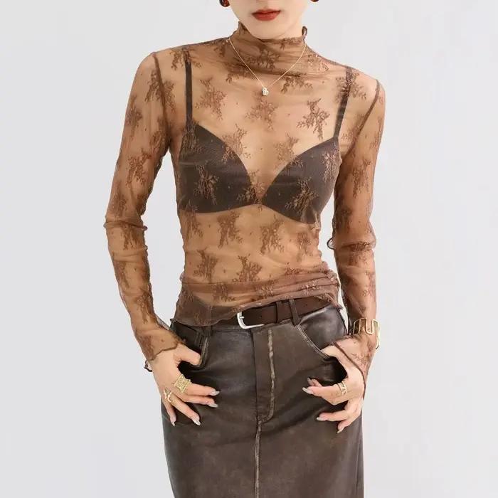 Chemisier fin en dentelle noire pour femme, col roulé sexy, manches longues, coupe ajustée, patchwor