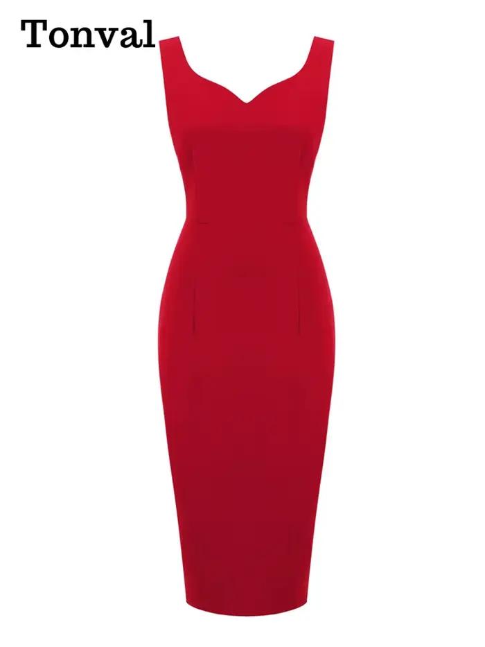 Tonval – robe crayon mi-longue pour femmes, col en cœur, sans manches, bureau, Vintage, rouge, coule
