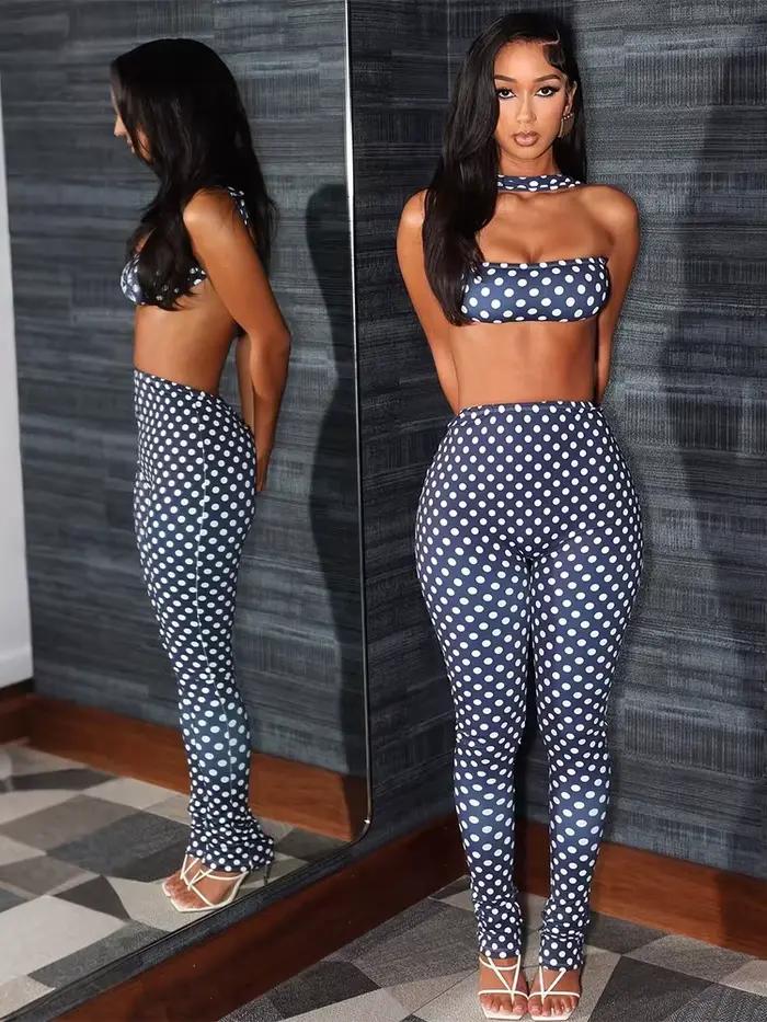 Kliou Sexy Mode 2 Pièce Ensemble Femme Polka Dot Imprimer Irrégulière Halter Dos Nu Débardeurs + Ski
