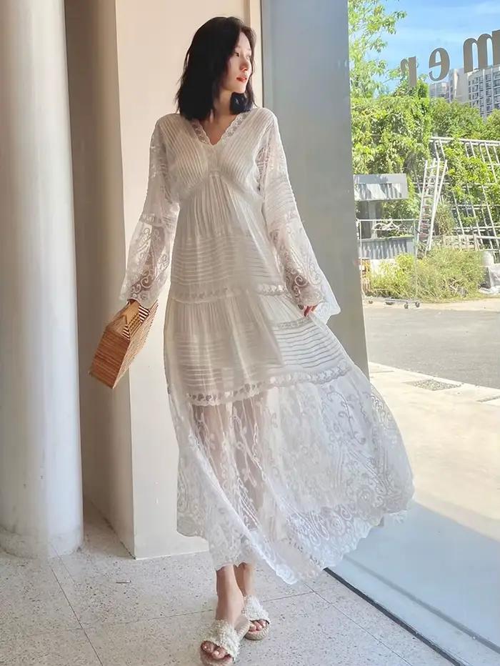 Pouvez-vous psyLady-Robe maxi blanche en dentelle florale pour femmes, élégante, coton nickel é, col