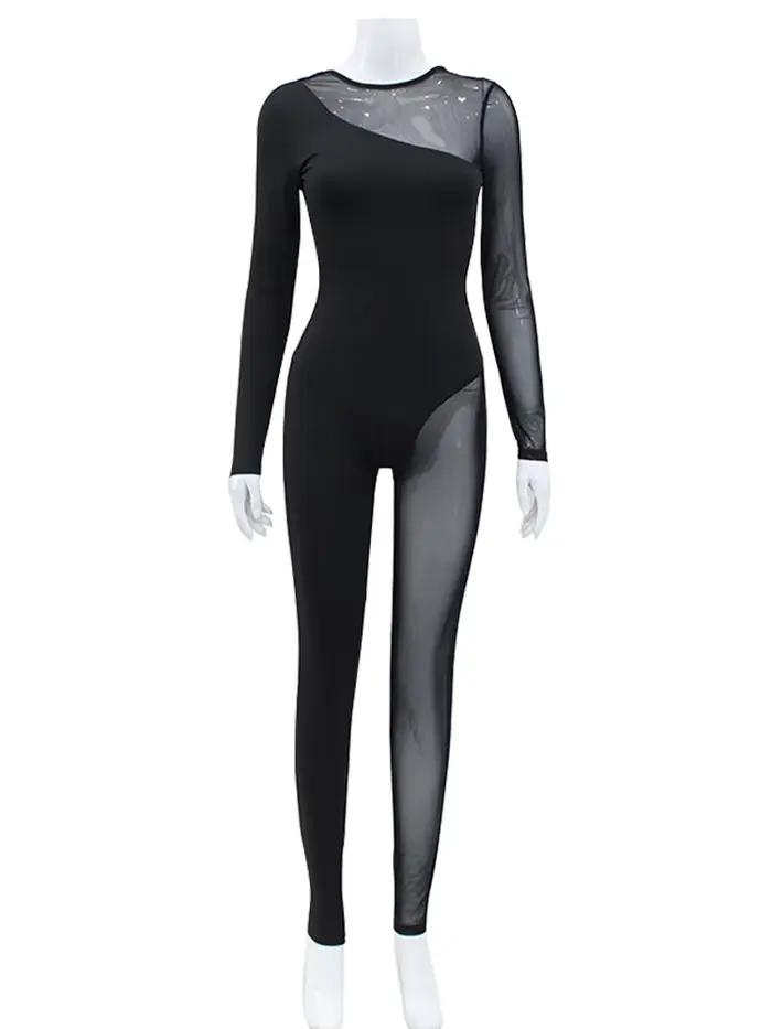 AHAgaga hiver Sexy voir à travers maille barboteuses femmes combinaisons mode col rond fermeture écl