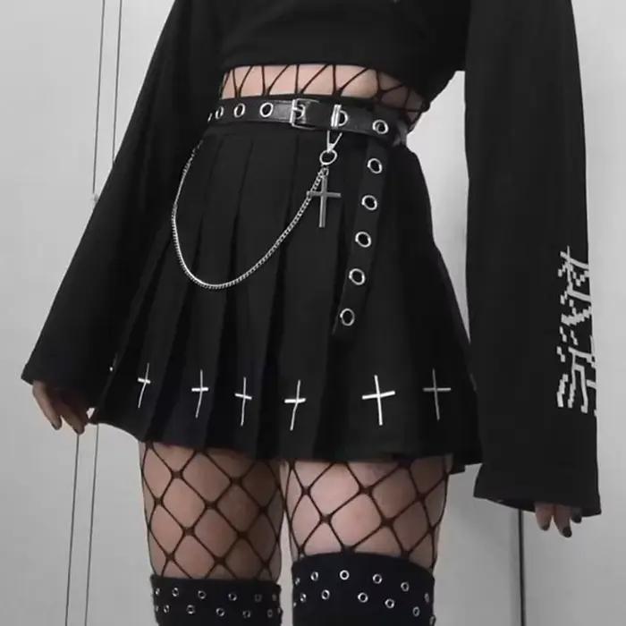 Mini jupes noires taille haute Punk plissée, Vintage, gothique, Streetwear, imprimé croisé, jupes pl