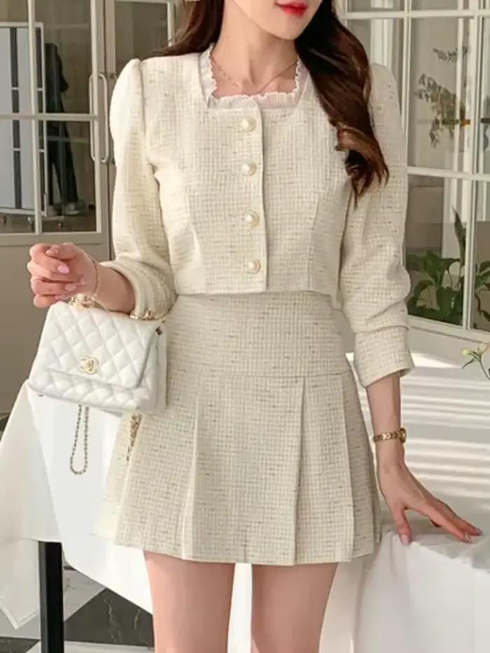 Ensemble deux pièces parfumé pour femme, veste courte, manteau et jupe, châssis, petite tenue, haute