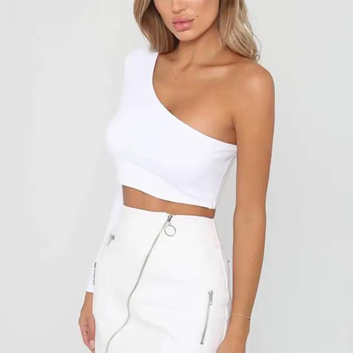 CDJLFH Sexy une épaule haut court t-shirt femmes col diagonale à manches longues t-shirt décontracté