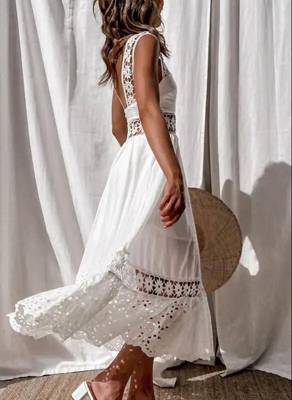 Robe femme blanc évider coton robe d'été dentelle sans manches longue épissage été fête élégante soi