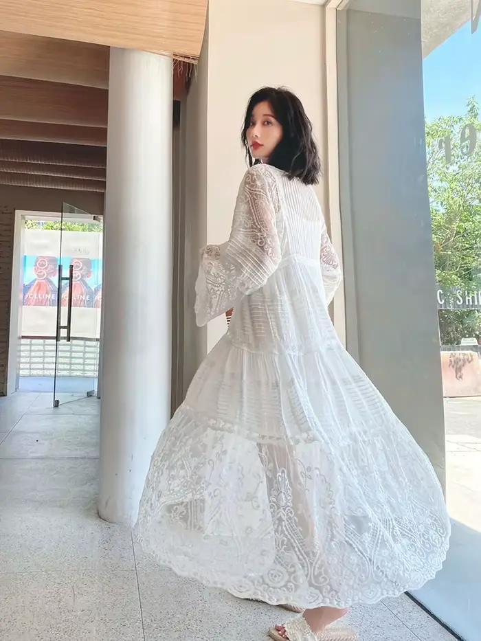 Pouvez-vous psyLady-Robe maxi blanche en dentelle florale pour femmes, élégante, coton nickel é, col