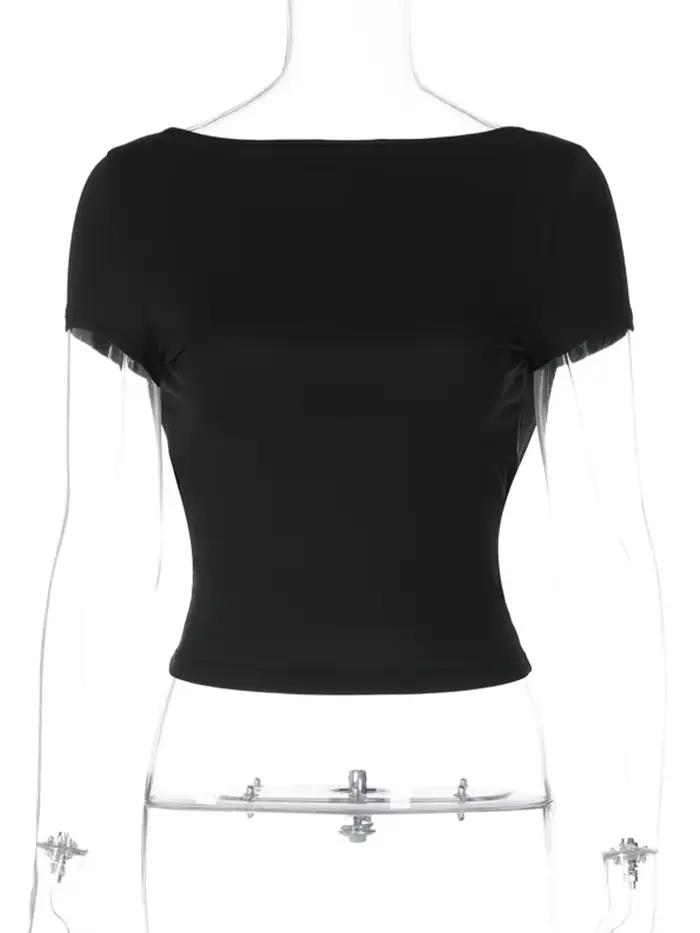 Haut court froncé à manches courtes et col rond pour femme, Streetwear Y2K, T-Shirt décontracté, dos