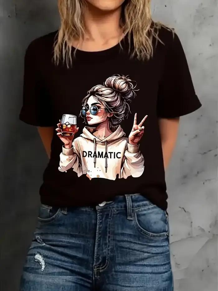 Streetwear années 90 femmes T-Shirt graphique décontracté "Dramatic" imprimé avec imprimé vin T-Shir
