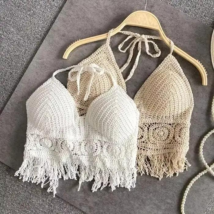 Sexy Boho plage vacances Camisole licou femmes Crochet tricot maillot de bain soutien-gorge dos nu g