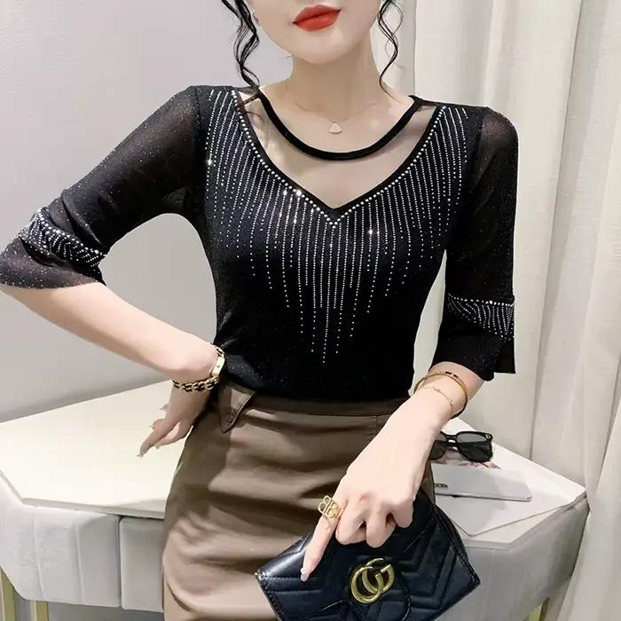 Sexy Patchwork maille t-shirt mince 3/4 manches été femmes haut forage chaud décontracté brillant so