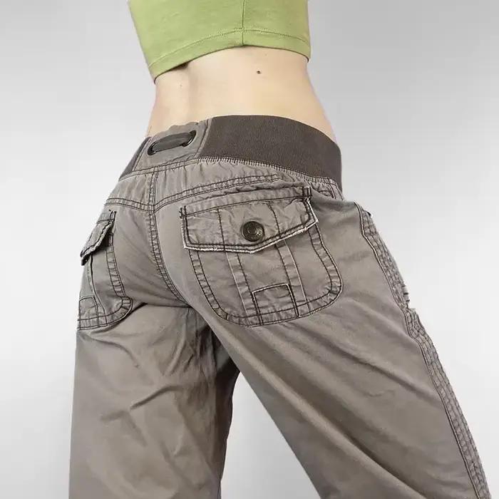 Pantalon rétro à lacets taille basse pour femme, streetwear, patchwork, décontracté, Harajuku, droit