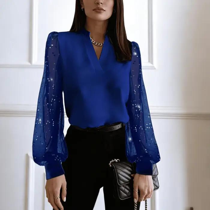 Chemisier bleu pour femme, col en V, manches bouffantes transparentes à sequins, élégant, en moussel
