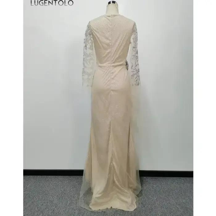 Lugentolo-Robe de soirée à paillettes pour femmes, nœud mince, manches longues, col rond, maille élé